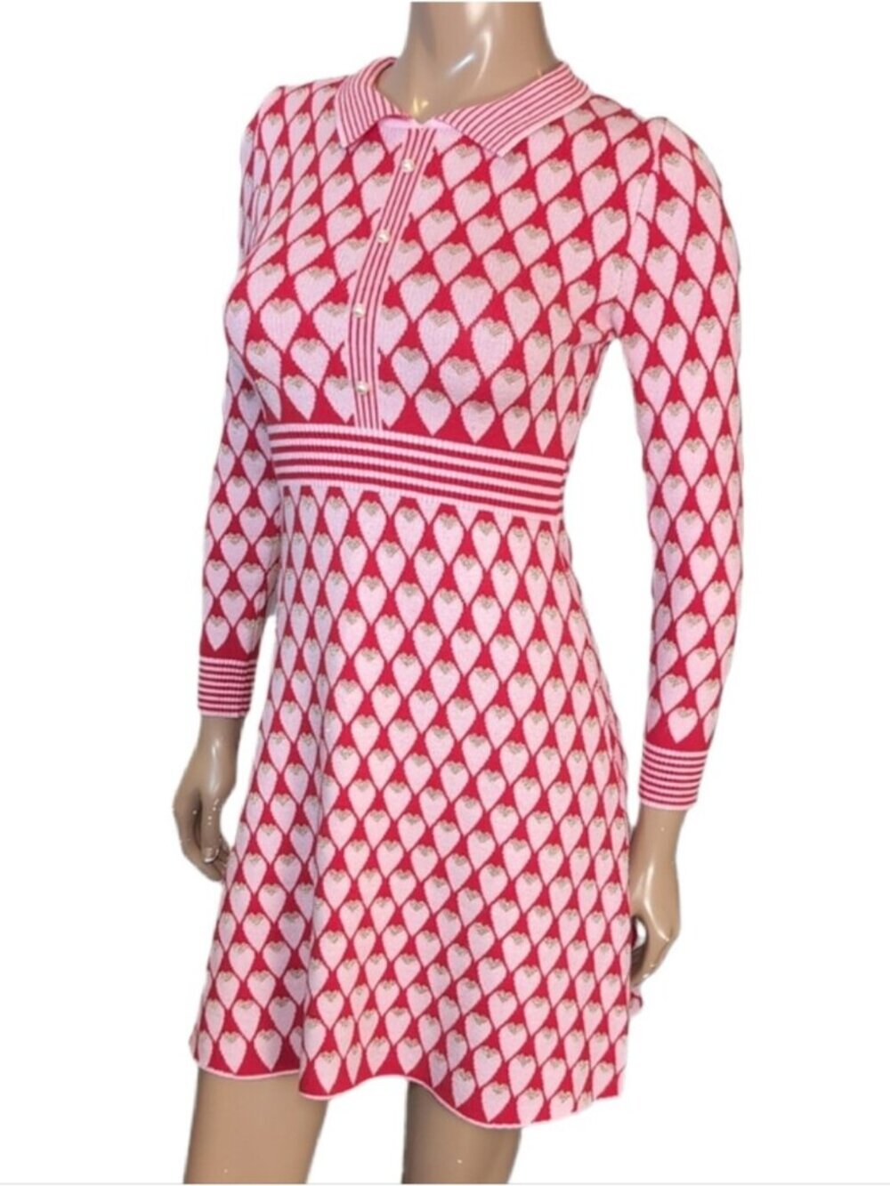 Lili Sidonio Molly Bracken Pink Heart Knit Polo Sweater Dress Long Sleeve XS